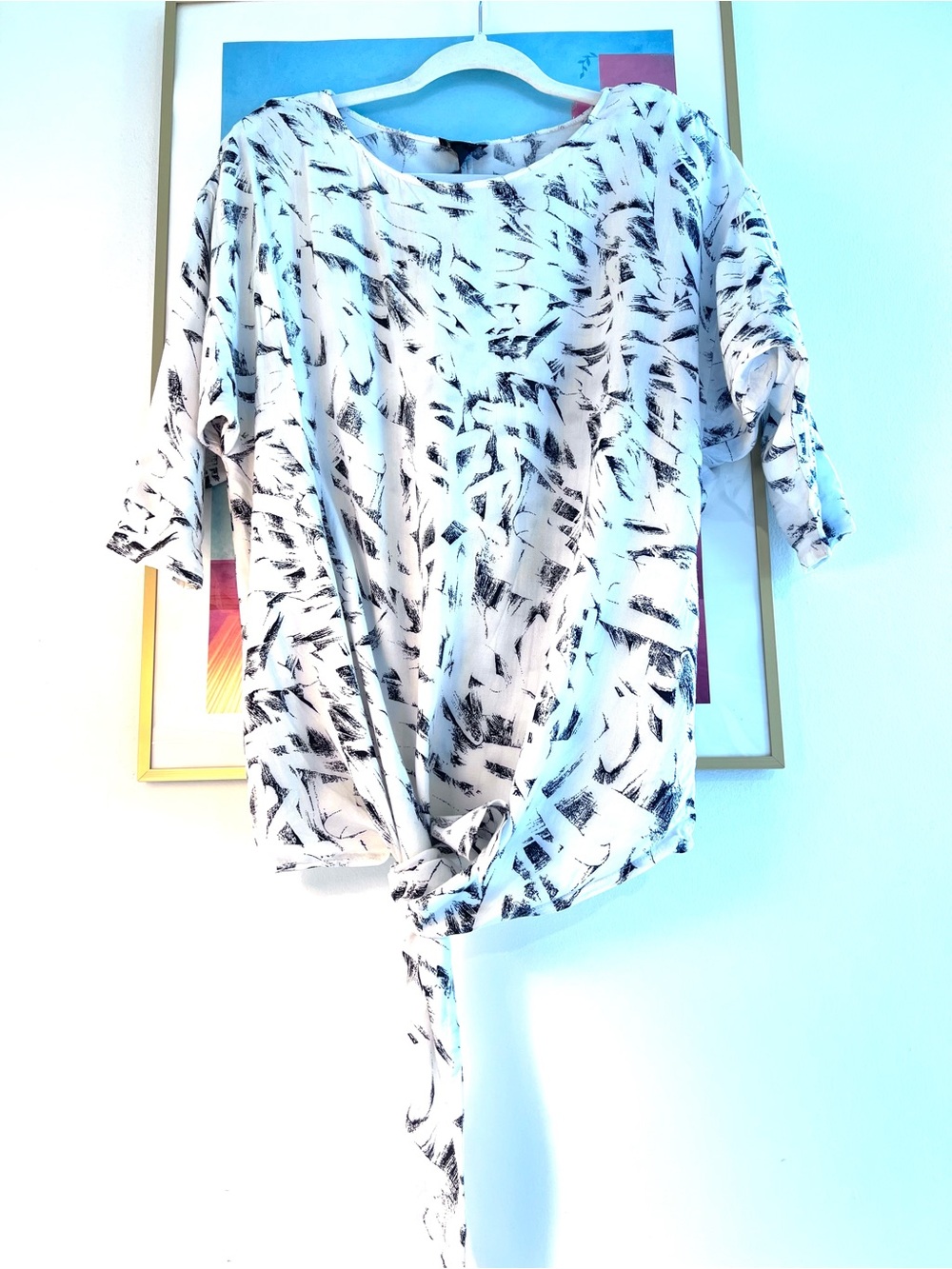Vintage Léger Abstract Brushstroke Tie Front Top Blouse Made in USA Size 5/6